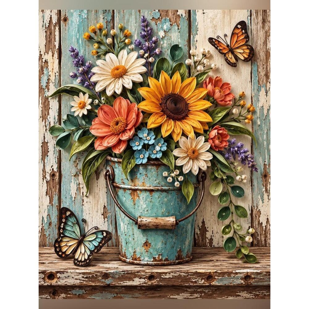 8x10 Framed Vintage Turquoise Bucket Floral Art Print - Multicolor Home